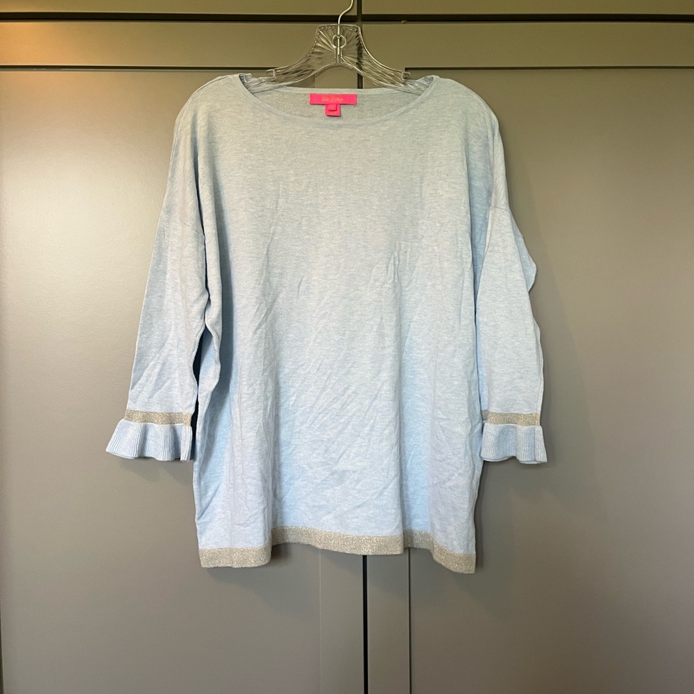 Lily Pulitzer Charla ruffle cuff sleeve sweater in blue and gold size small